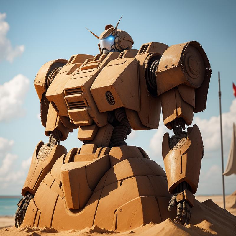 00029-3078769279-a (sandsculpturecd, sand) armored robot, battle mech, (solo_1.2), standing in sandbeach, , no humans, high quality, masterpiece,.png